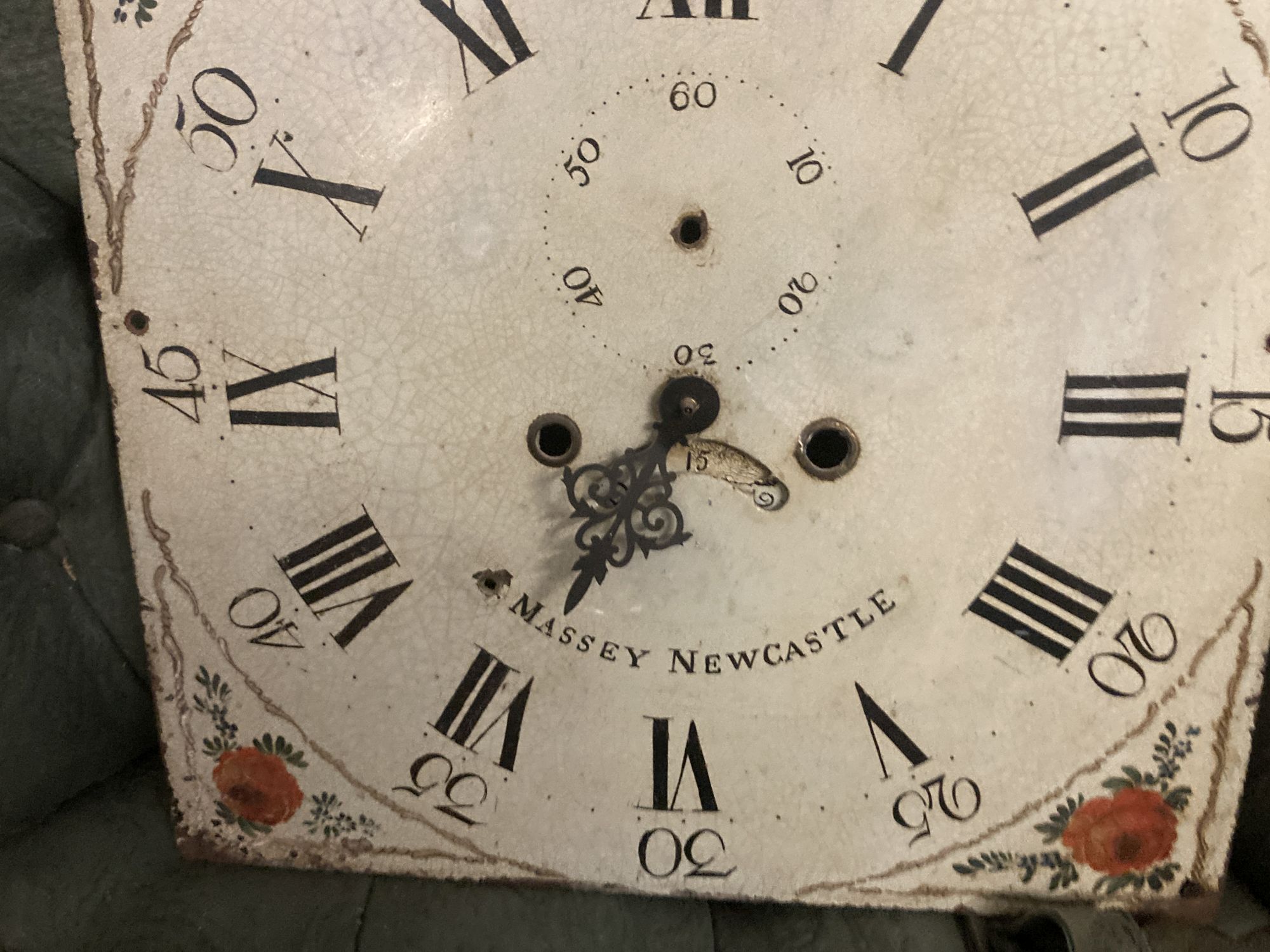 An early 19th century painted longcase clock dial, marked Massey, Newcastle, width 36cm height 50cm